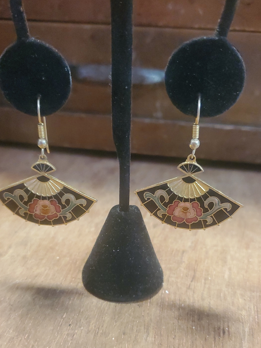 Gold Tone Black Fan Drop Earrings with Pink Floral Enamel SK
